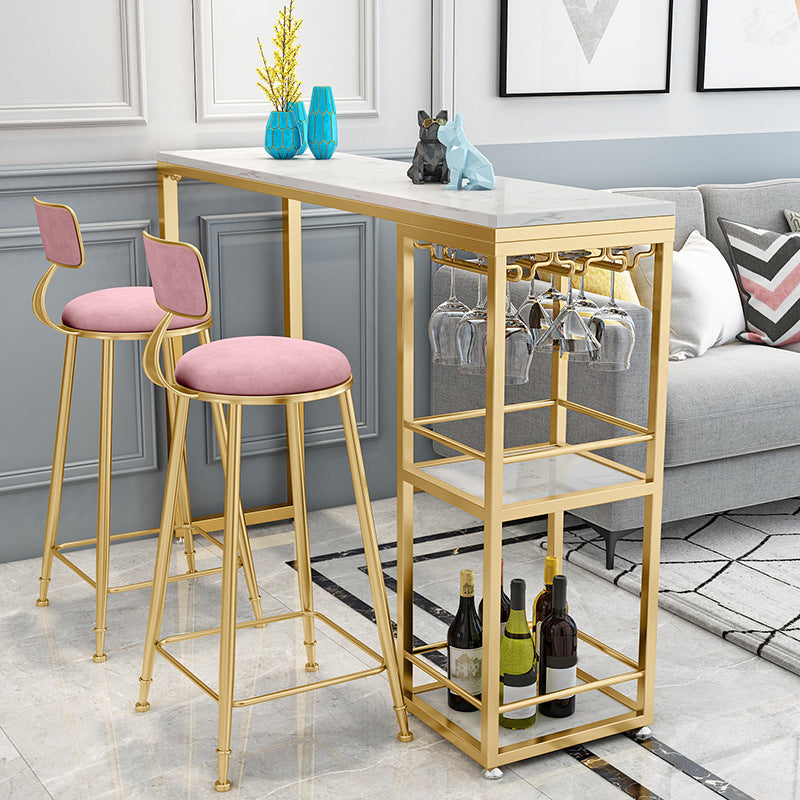 Stone Rectangle Bar Table White Contemporary Bar Table with Sled Base 86.6"L x 15.7"W x 41.3"H Gold Without Chairs Clearhalo 'Bar Furniture' 'Bar Tables' 'bar_tables' 'furn' 'furn_bar_tables' 'Furniture' 'furniture_bar_tables' 'Kitchen & Dining Furniture' 4807229