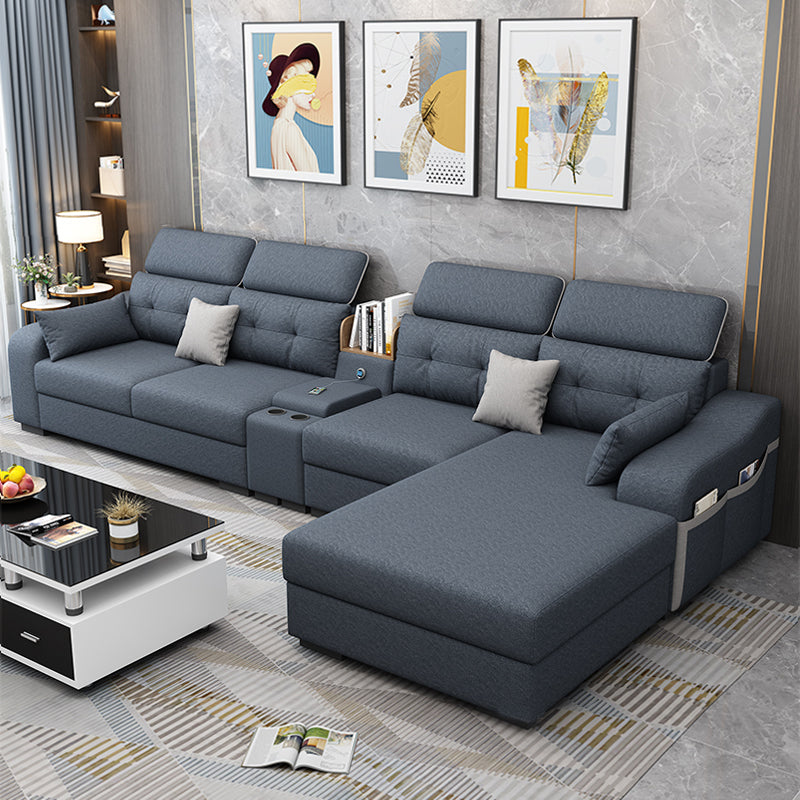 Recessed Arm Pillowed Back Cushions Sofa and Chaise Linen/Faux Leather Sectional Faux Leather Dark Gray Clearhalo 'furn' 'furn_sectionals' 'Furniture' 'furniture_sectionals' 'kitchen' 'kitchen_sectionals' 'Living Room Furniture' 'Sectionals' 4819816