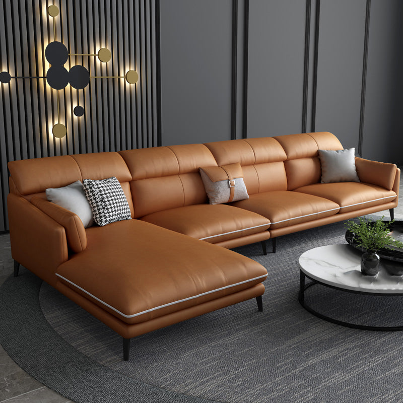 Faux Leather Recessed Arm Sofa Stain-Resistant Sectional with Pillowed Back Brown Latex Clearhalo 'furn' 'furn_sectionals' 'Furniture' 'furniture_sectionals' 'kitchen' 'kitchen_sectionals' 'Living Room Furniture' 'Sectionals' 4819833
