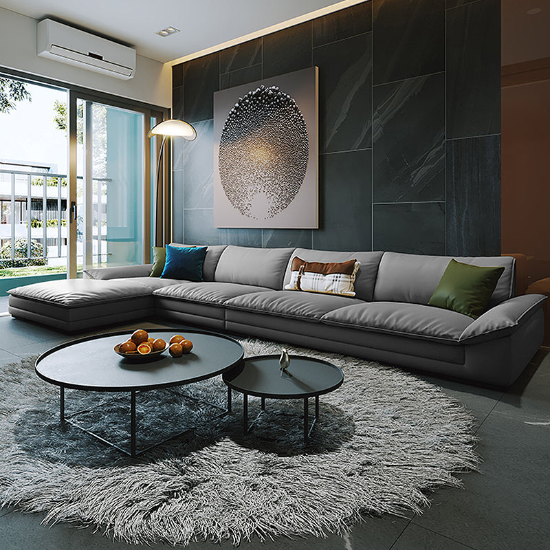 Modern Faux Leather Sofa and Chaise Gray Pillow Top Arm Sectional for Apartment 136"L x 69"W x 33"H Clearhalo 'furn' 'furn_sectionals' 'Furniture' 'furniture_sectionals' 'kitchen' 'kitchen_sectionals' 'Living Room Furniture' 'Sectionals' 4819976