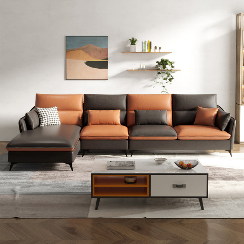 Faux Leather Sloped Arms Sectional with Pillowed Back Cushions for Living Room 130"L x 67"W x 35"H Gray-Brown Clearhalo 'furn' 'furn_sectionals' 'Furniture' 'furniture_sectionals' 'kitchen' 'kitchen_sectionals' 'Living Room Furniture' 'Sectionals' 4820795