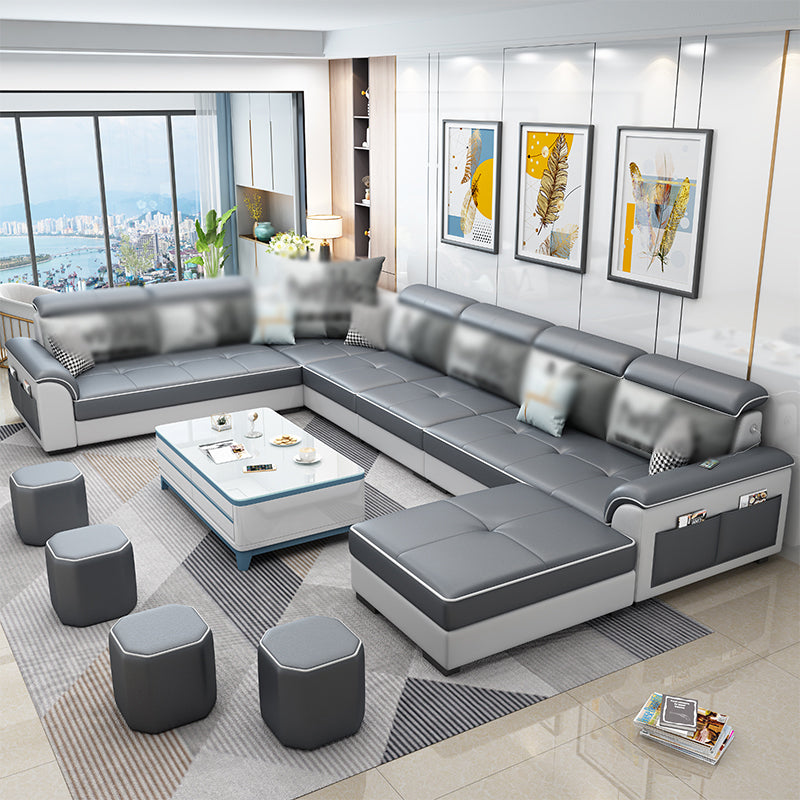 Square Arm Pillowed Back Cushions 6-Seater Faux Leather and Fabric Sectionals Sofas Black Clearhalo 'furn' 'furn_sectionals' 'Furniture' 'furniture_sectionals' 'kitchen' 'kitchen_sectionals' 'Living Room Furniture' 'Sectionals' 4820977