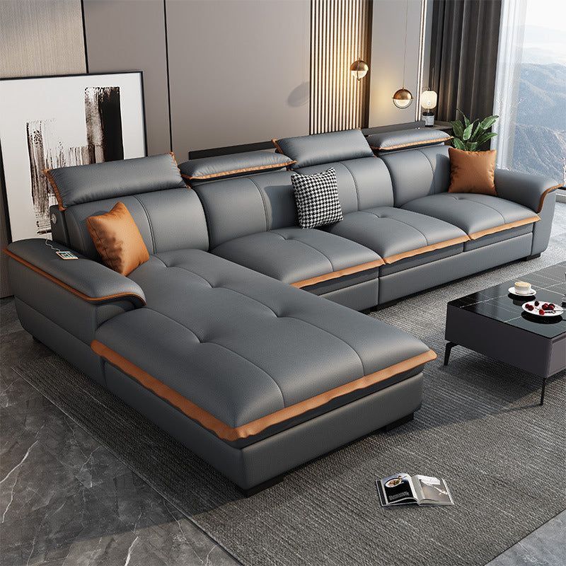 Grey Pillowed Back Cushions Furniture Sectionals with Pillows 132"L x 71"W x 35"H Latex Clearhalo 'furn' 'furn_sectionals' 'Furniture' 'furniture_sectionals' 'kitchen' 'kitchen_sectionals' 'Living Room Furniture' 'Sectionals' 4821523