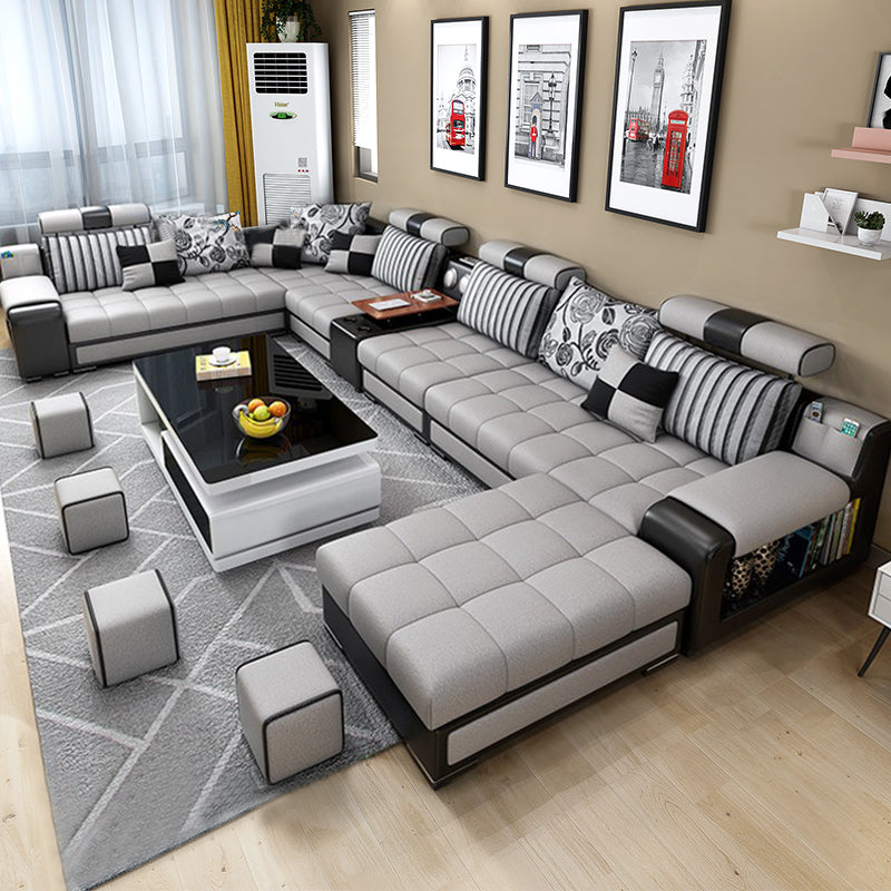 Faux Leather Pillowed Back Cushions Stain-Resistant Tufted Sectionals Sofa with Storage Light Grey Latex Clearhalo 'furn' 'furn_sectionals' 'Furniture' 'furniture_sectionals' 'kitchen' 'kitchen_sectionals' 'Living Room Furniture' 'Sectionals' 4821686