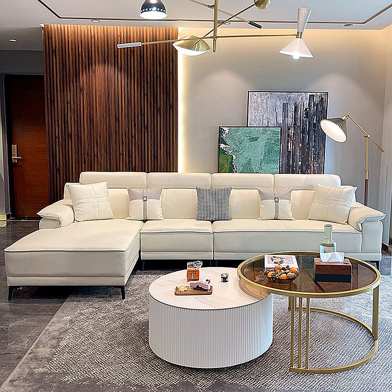 Stain-Resistant Faux Leather Pillow Top Arm Sofa/Sectional for Living Room 130"L x 65"W x 35"H Off-White Clearhalo 'furn' 'furn_sectionals' 'Furniture' 'furniture_sectionals' 'kitchen' 'kitchen_sectionals' 'Living Room Furniture' 'Sectionals' 4821842