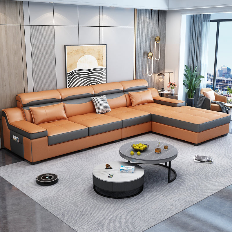 133.86"D x 70.87"W x 35.43"H Modern Removable Cushions Scooped Arm Sectionals with Storage Orange Faux Leather Clearhalo 'furn' 'furn_sectionals' 'Furniture' 'furniture_sectionals' 'kitchen' 'kitchen_sectionals' 'Living Room Furniture' 'Sectionals' 4821925