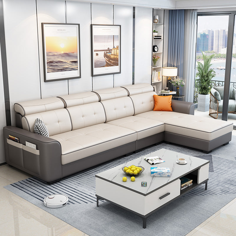 106.3"L x 57.09"W x 35.43"H Fabric Adjustable High Back Sectionals Sofa with Storage Beige Coffee Faux Leather Clearhalo 'furn' 'furn_sectionals' 'Furniture' 'furniture_sectionals' 'kitchen' 'kitchen_sectionals' 'Living Room Furniture' 'Sectionals' 4822381
