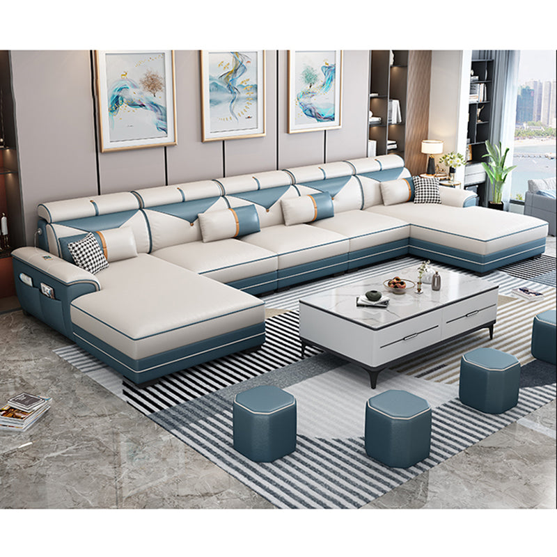 159.44" L x 70.86" W x 35.43" H Adjustable Faux Leather Pillow Top Arm Sectional Beige-Blue Clearhalo 'furn' 'furn_sectionals' 'Furniture' 'furniture_sectionals' 'kitchen' 'kitchen_sectionals' 'Living Room Furniture' 'Sectionals' 4822385