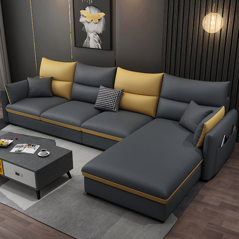 Square Arm Pillowed Back Cushions 4-Seater Sectional Sofa with Chaise Faux Leather Dark Gray Latex Clearhalo 'furn' 'furn_sectionals' 'Furniture' 'furniture_sectionals' 'kitchen' 'kitchen_sectionals' 'Living Room Furniture' 'Sectionals' 4822836