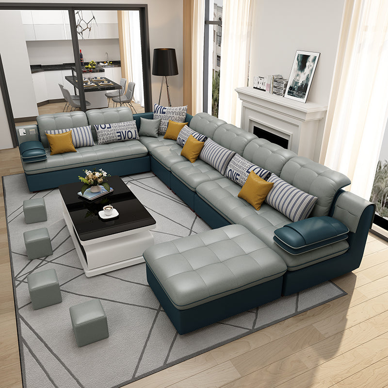 Cushion Back Pillow Top Arm Tufted Sectional Sofa Set for Living Room Faux Leather Light Grey Clearhalo 'Furniture' 'furniture_sectionals' 'kitchen' 'kitchen_sectionals' 'Living Room Furniture' 'Sectionals' 4823557