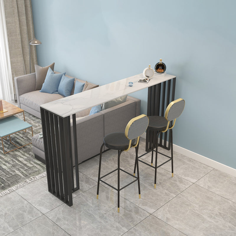 Modern Iron Bar Dining Table with Stone Top Rectangle Indoor Bistro Table 78.7"L x 15.7"W x 41.3"H Black White Without Chairs Clearhalo 'Bar Furniture' 'Bar Tables' 'bar_tables' 'furn' 'furn_bar_tables' 'Furniture' 'furniture_bar_tables' 'Kitchen & Dining Furniture' 4829185