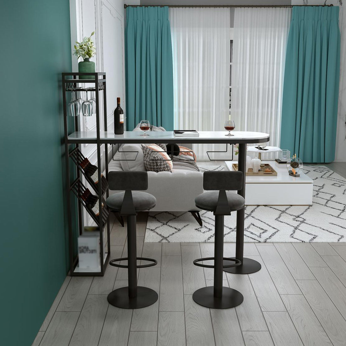 Modern Iron Bar Dining Table White Faux Marble Indoor Bistro Table with Wine Rack 70.9"L x 15.7"W x 41.3"H Black Without Chairs Clearhalo 'Bar Furniture' 'Bar Tables' 'bar_tables' 'furn' 'furn_bar_tables' 'Furniture' 'furniture_bar_tables' 'Kitchen & Dining Furniture' 4829207