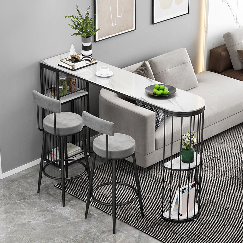 Glam Style Bar Table Stone Pub Table with Iron Shelf for Dining Room, Only Table White-Black 78.7"L x 15.7"W x 41.3"H Clearhalo 'Bar Furniture' 'Bar Tables' 'bar_tables' 'Furniture' 'furniture_bar_tables' 'Kitchen & Dining Furniture' 4852406