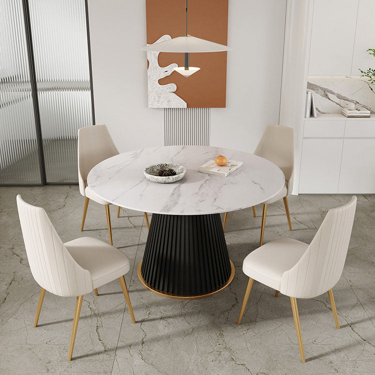 Glam 1/5 Pieces Dining Set Round Stone Dining Table for Kitchen Dining Room 5 Pieces: Black Table, 4 Beige Chairs Clearhalo 'Dining Room Sets' 'Dining Tables & Seating' 'dining_room_set' 'furn' 'furn_dining_room_set' 'Furniture' 'furniture_dining_room_set' 'Kitchen & Dining Furniture' 4853288
