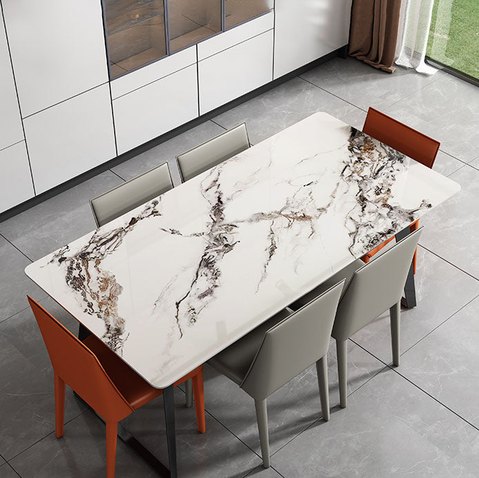 Modern 1/4/5/7 Pieces Dinette Set with Sintered Stone Top Rectangle Dining Table Set 7 Pieces: Table, 2 Orange+4 Grey Chairs Clearhalo 'Dining Room Sets' 'Dining Tables & Seating' 'dining_room_set' 'furn' 'furn_dining_room_set' 'Furniture' 'furniture_dining_room_set' 'Kitchen & Dining Furniture' 4855186