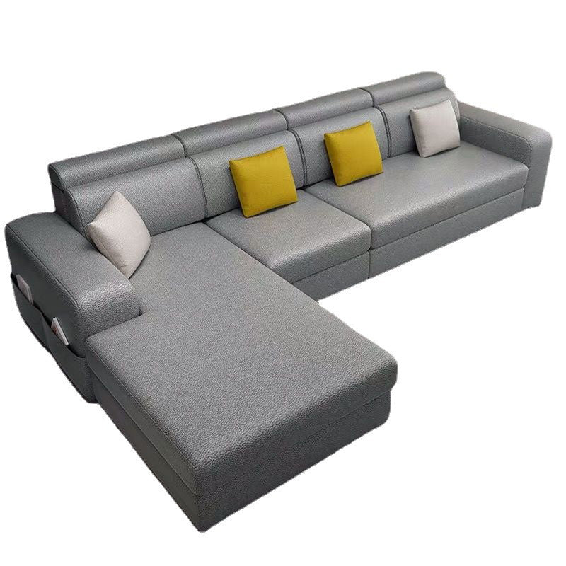Square Arms Sectional Faux Leather/Linen Blend Sofa and Chaise for Apartment Light Gray Faux Leather Latex Clearhalo 'furn' 'furn_sectionals' 'Furniture' 'furniture_sectionals' 'kitchen' 'kitchen_sectionals' 'Living Room Furniture' 'Sectionals' 4856371