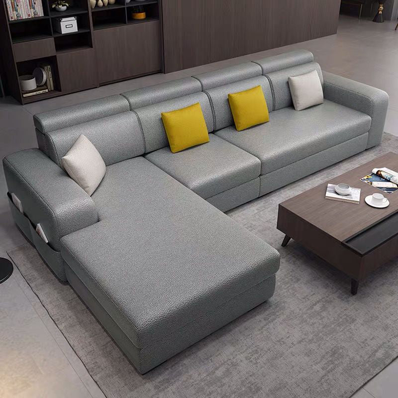 Faux Leather/Linen Square Arms Sectionals 110"L Sofa and Chaise for Living Room Light Gray Faux Leather Latex Clearhalo 'furn' 'furn_sectionals' 'Furniture' 'furniture_sectionals' 'kitchen' 'kitchen_sectionals' 'Living Room Furniture' 'Sectionals' 4856396