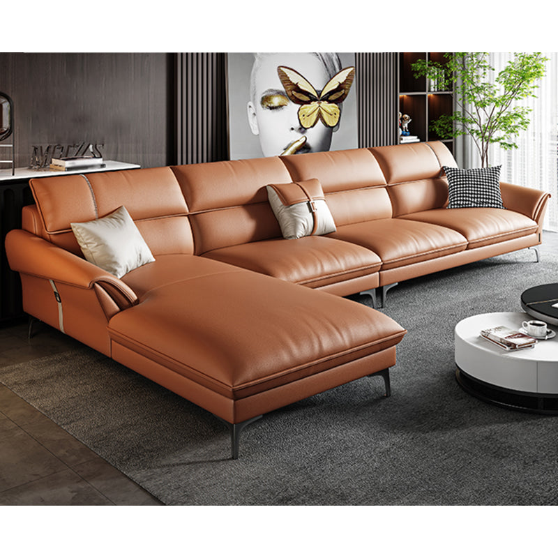 Contemporary Tan Leather Sectional Pillow Top Arm Sofa and Chaise for Living Room 138"L x 72"W x 35"H Latex Clearhalo 'furn' 'furn_sectionals' 'Furniture' 'furniture_sectionals' 'kitchen' 'kitchen_sectionals' 'Living Room Furniture' 'Sectionals' 4856446