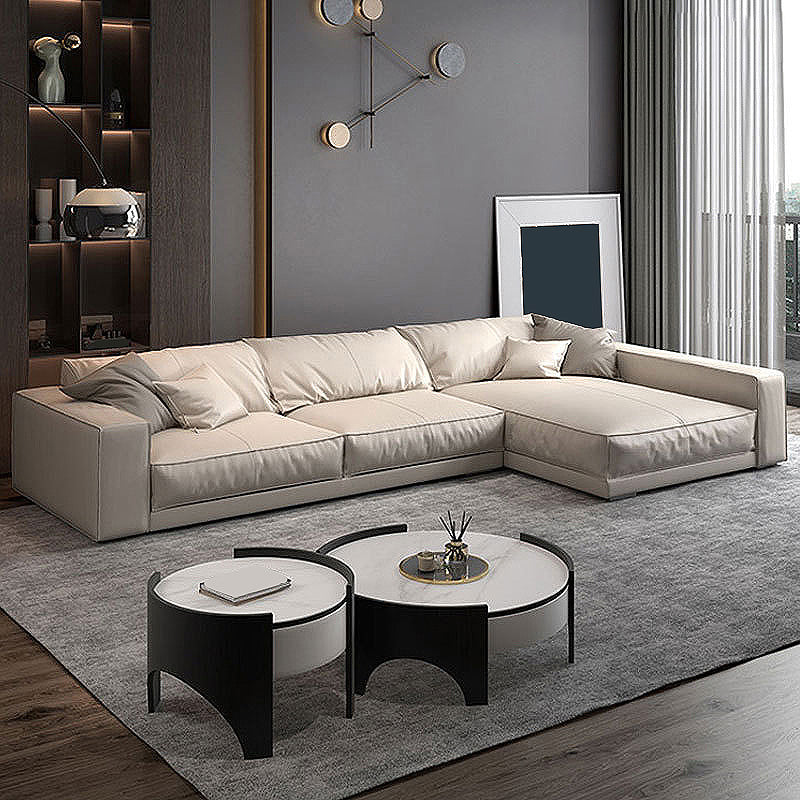 Genuine Leather Square Arm Sectional/Sofa White Sectional for Living Room 134"L x 61"W x 31"H Latex Clearhalo 'furn' 'furn_sectionals' 'Furniture' 'furniture_sectionals' 'kitchen' 'kitchen_sectionals' 'Living Room Furniture' 'Sectionals' 4856494