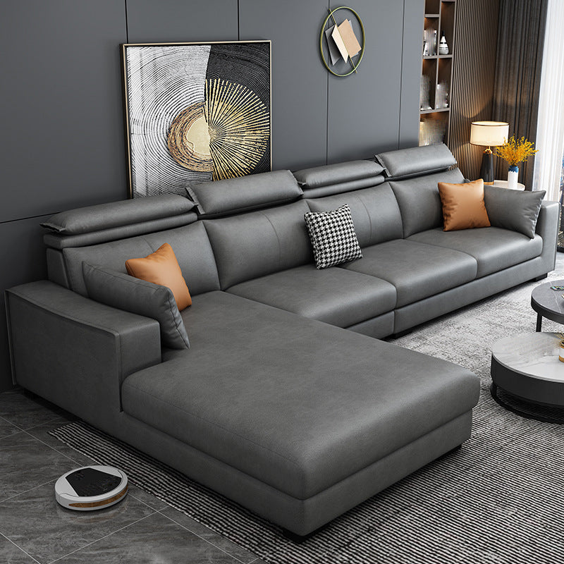 Faux Leather L-Shape Sectional Recessed Arm Sofa and Chaise with Pillowed Back Cushions 136"L x 69"W x 35"H Grey Clearhalo 'furn' 'furn_sectionals' 'Furniture' 'furniture_sectionals' 'kitchen' 'kitchen_sectionals' 'Living Room Furniture' 'Sectionals' 4856639