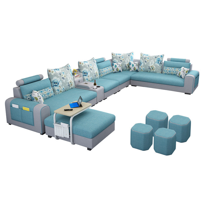 155.12"L X 92.52"W X 36.65"H Cotton Blend Sofa Removable Cushions Sectionals with Storage Light Blue-White Clearhalo 'furn' 'furn_sectionals' 'Furniture' 'furniture_sectionals' 'kitchen' 'kitchen_sectionals' 'Living Room Furniture' 'Sectionals' 4856992