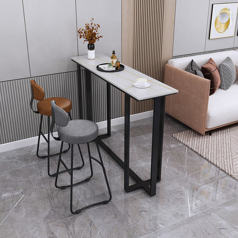 Industrial Black Iron Bar Dining Table Stone Top Indoor Bistro Table with Footrest 70.9"L x 15.7"W x 41.3"H White Without Chairs Clearhalo 'Bar Furniture' 'Bar Tables' 'bar_tables' 'furn' 'furn_bar_tables' 'Furniture' 'furniture_bar_tables' 'Kitchen & Dining Furniture' 4861375