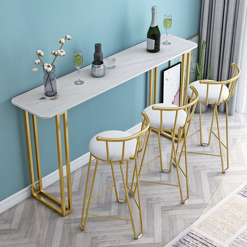 Glam Gold Iron Bar Dining Table Stone Top Indoor Bistro Table with Sled Pedestal 78.7"L x 15.7"W x 41.3"H White Without Chairs Clearhalo 'Bar Furniture' 'Bar Tables' 'bar_tables' 'furn' 'furn_bar_tables' 'Furniture' 'furniture_bar_tables' 'Kitchen & Dining Furniture' 4861513