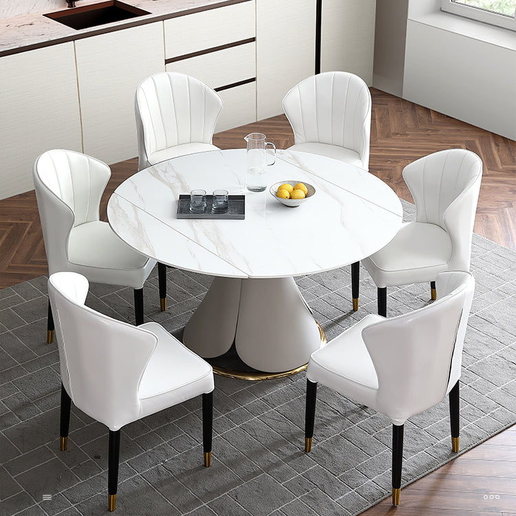 Glam 1/4/5/7 Pieces Scalable Dinette Set with White Sintered Stone Round Dining Table Set 7 Pieces: Table, 6 White Chairs Clearhalo 'Dining Room Sets' 'Dining Tables & Seating' 'dining_room_set' 'furn' 'furn_dining_room_set' 'Furniture' 'furniture_dining_room_set' 'Kitchen & Dining Furniture' 4863114