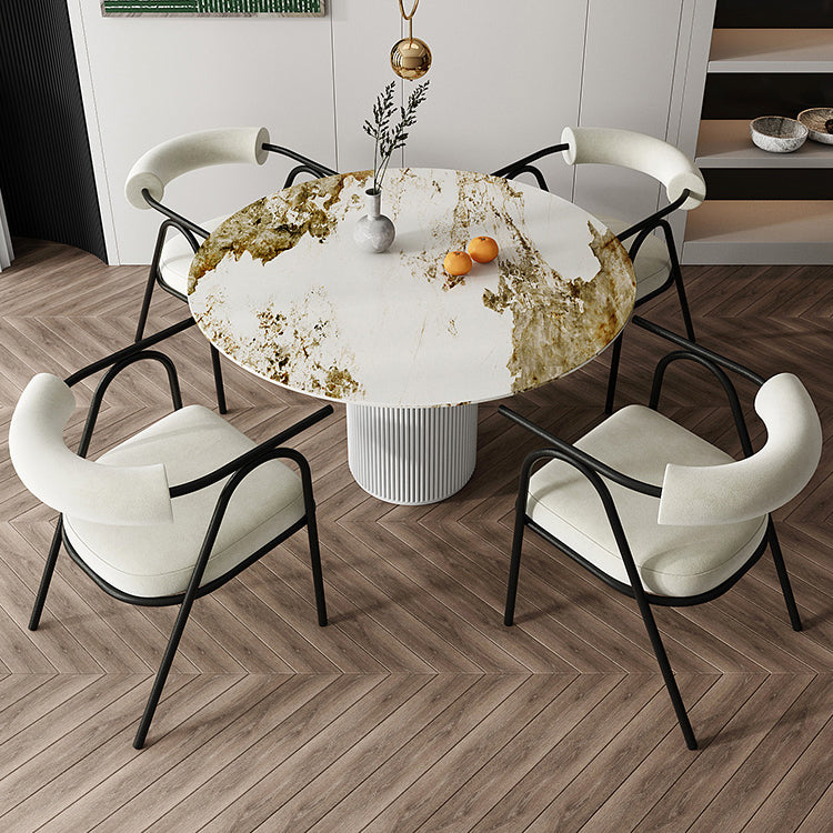 Modern 1/5 Pieces Dining Set Round Stone Dining Table for Dining Room 5 Pieces: Grey Table, 4 Beige Chairs Clearhalo 'Dining Room Sets' 'Dining Tables & Seating' 'dining_room_set' 'furn' 'furn_dining_room_set' 'Furniture' 'furniture_dining_room_set' 'Kitchen & Dining Furniture' 4864316