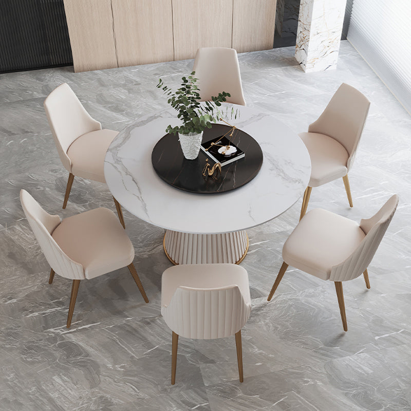 Glam 1/4/7 Pieces Round Dinette Set White Sintered Stone Dining Table Set with Turntable 7 Pieces: Table, 6 Chairs Clearhalo 'Dining Room Sets' 'Dining Tables & Seating' 'dining_room_set' 'furn' 'furn_dining_room_set' 'Furniture' 'furniture_dining_room_set' 'Kitchen & Dining Furniture' 4876210