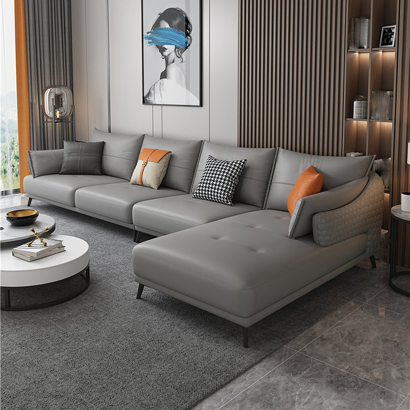 131.88" L x 66.92" W x 33.46" H Genuine Leather Sofa Pillow Top Arm Sectional Grey Right Clearhalo 'furn' 'furn_sectionals' 'Furniture' 'furniture_sectionals' 'Living Room Furniture' 'Sectionals' 4883248