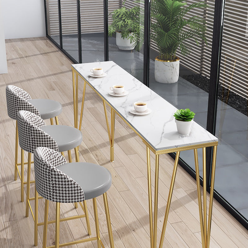 Glam Iron Bar Dining Table with Stone Top Indoor Bistro Table Fixed Table 70.9"L x 15.7"W x 41.3"H Gold White Clearhalo 'Bar Furniture' 'Bar Tables' 'bar_tables' 'furn' 'furn_bar_tables' 'Furniture' 'furniture_bar_tables' 'Kitchen & Dining Furniture' 4888295