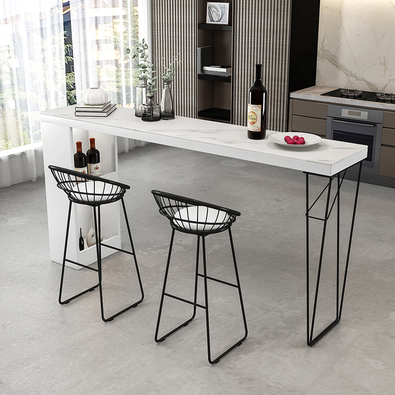 Industrial White Wood Bar Dining Table Stone Top Rectangle Indoor Bistro Table with Shelf 78.7"L x 15.7"W x 41.3"H White-Black Without Chairs Clearhalo 'Bar Furniture' 'Bar Tables' 'bar_tables' 'furn' 'furn_bar_tables' 'Furniture' 'furniture_bar_tables' 'Kitchen & Dining Furniture' 4888326