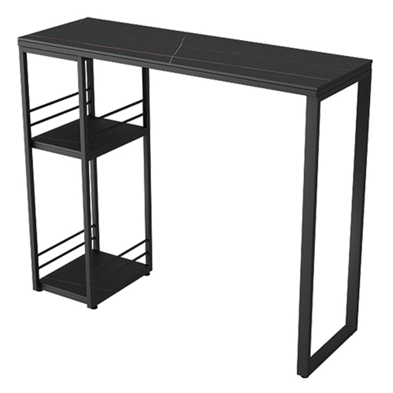 Industrial Black Iron Bar Dining Table Stone Top Rectangle Indoor Bistro Table with Shelf 55.1"L x 15.7"W x 41.3"H Black Without Chairs Clearhalo 'Bar Furniture' 'Bar Tables' 'bar_tables' 'furn' 'furn_bar_tables' 'Furniture' 'furniture_bar_tables' 'Kitchen & Dining Furniture' 4888448