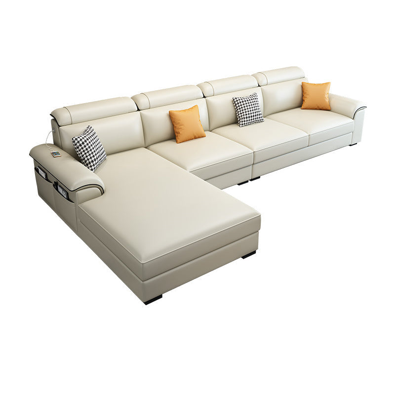 Left Facing Sofa Faux Leather/Linen L-shape 4-seat Sectionals with Chaise Light Yellow Clearhalo 'Furniture' 'furniture_sectionals' 'Living Room Furniture' 'Sectionals' 4896323