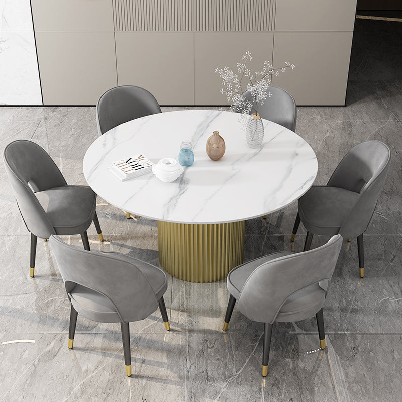 Glam 1/7 Pieces Dining Set Round Stone Dining Table for Dining Room 7 Pieces: Table, 6 Dark Grey Chairs Clearhalo 'Dining Room Sets' 'Dining Tables & Seating' 'dining_room_set' 'furn' 'furn_dining_room_set' 'Furniture' 'furniture_dining_room_set' 'Kitchen & Dining Furniture' 4900155