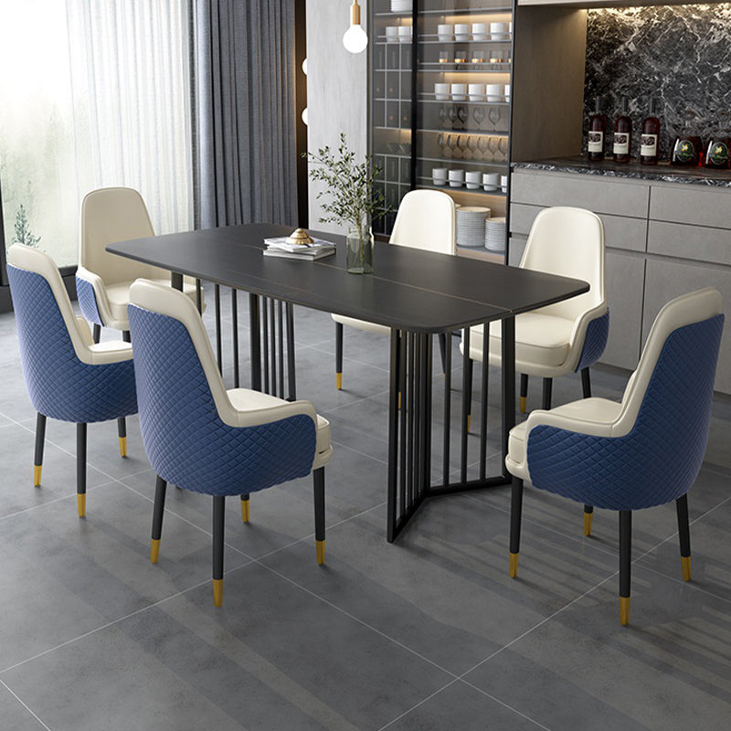 Black Metal Double Pedestal Dining Table Industrial Rectangle Fixed Table Black Gold 70.9"L x 35.4"W x 29.5"H Without Chairs Clearhalo 'Dining Tables & Seating' 'Dining Tables' 'dining_table' 'furn' 'furn_dining_table' 'Furniture' 'furniture_dining_table' 'Kitchen & Dining Furniture' 'kitchen' 'kitchen_dining_table' 4900740