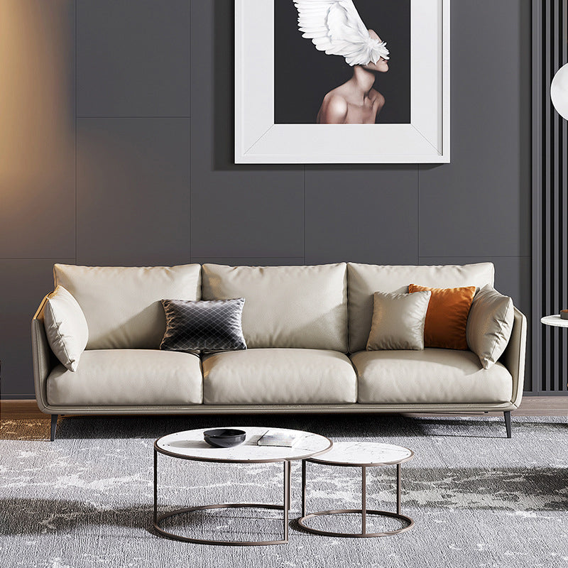 Living Room Genuine Leather Couch Square Arm Sofa with Pillow Back 102''L x36"W x 35"H Off-White Clearhalo 'furn' 'furn_sofas' 'Furniture' 'furniture_sofas' 'Living Room Furniture' 'Sofa' 'sofas' 4909112