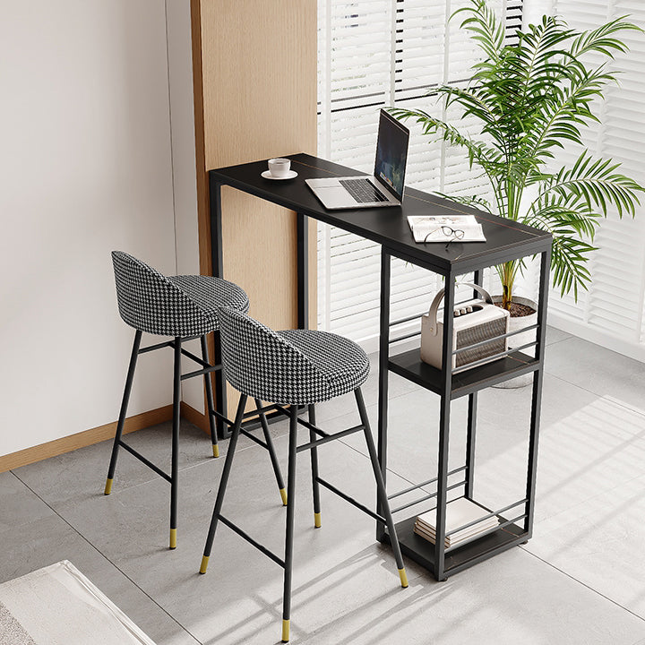 Industrial Black Iron Bar Dining Table with Stone Top Rectangle Indoor Bistro Table 55.1"L x 15.7"W x 41.3"H Black Without Chairs Clearhalo 'Bar Furniture' 'Bar Tables' 'bar_tables' 'furn' 'furn_bar_tables' 'Furniture' 'furniture_bar_tables' 'Kitchen & Dining Furniture' 4909859