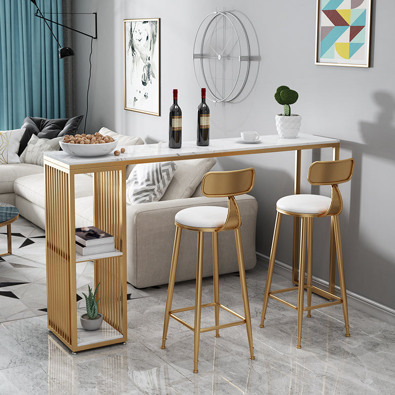 Glam Iron Bar Dining Table with Faux Marble Top Indoor Bistro Table with Shelf 70.9"L x 15.7"W x 41.3"H White-Gold Without Chairs Clearhalo 'Bar Furniture' 'Bar Tables' 'bar_tables' 'furn' 'furn_bar_tables' 'Furniture' 'furniture_bar_tables' 'Kitchen & Dining Furniture' 4909870