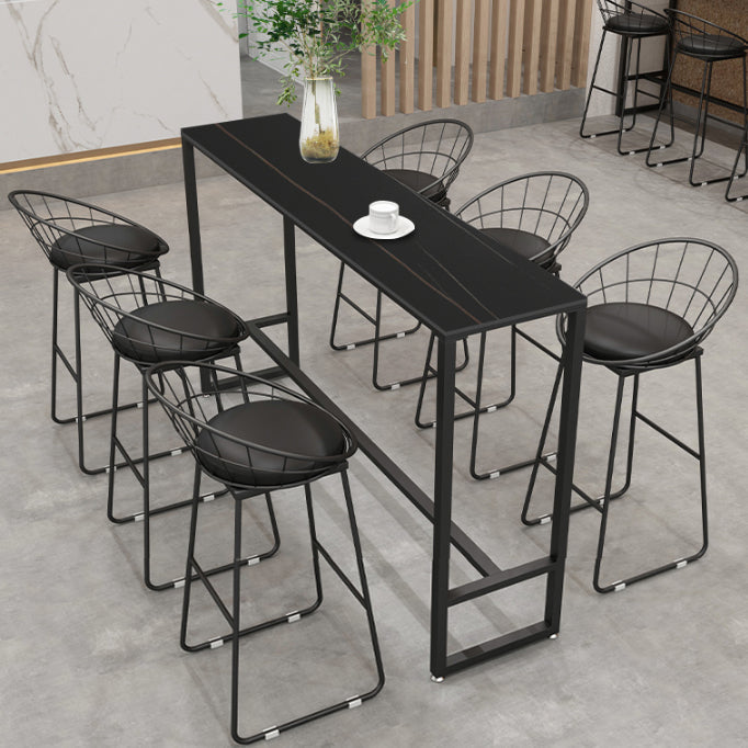 Modern Rectangle Iron Bar Dining Table Stone Top Indoor Bistro Table with Footrest 70.9"L x 15.7"W x 41.3"H Black Without Chairs Clearhalo 'Bar Furniture' 'Bar Tables' 'bar_tables' 'furn' 'furn_bar_tables' 'Furniture' 'furniture_bar_tables' 'Kitchen & Dining Furniture' 4909927