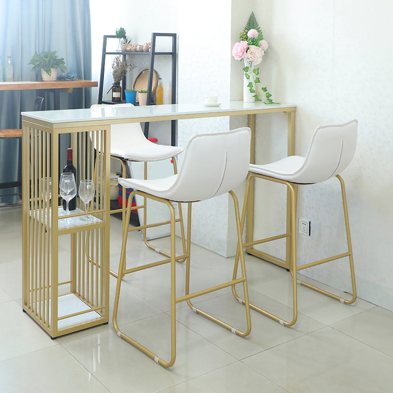Glam Gold Iron Bar Dining Table White Faux Marble Top Indoor Bistro Table with Shelf 94.5"L x 15.7"W x 41.3"H Without Chairs Clearhalo 'Bar Furniture' 'Bar Tables' 'bar_tables' 'furn' 'furn_bar_tables' 'Furniture' 'furniture_bar_tables' 'Kitchen & Dining Furniture' 4909974