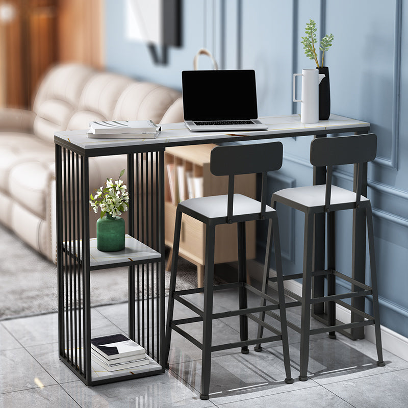 Modern Black Iron Bar Dining Table with White Stone Top Rectangle Indoor Bistro Table 70.9"L x 15.7"W x 41.3"H Storage Included Without Chairs Clearhalo 'Bar Furniture' 'Bar Tables' 'bar_tables' 'furn' 'furn_bar_tables' 'Furniture' 'furniture_bar_tables' 'Kitchen & Dining Furniture' 4910050