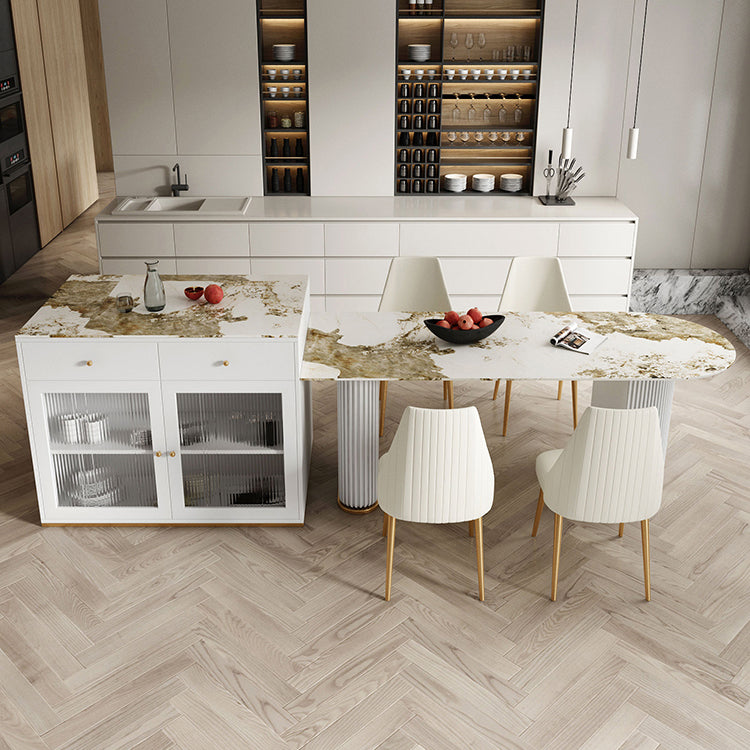 Free Form Sintered Stone Table for Restaurant Luxury Table with Double Pedestal Pandora Gold White 70.9"L x 31.5"W x 29.5"H Clearhalo 'Dining Tables & Seating' 'Dining Tables' 'dining_table' 'furn' 'furn_dining_table' 'Furniture' 'furniture_dining_table' 'Kitchen & Dining Furniture' 'kitchen' 'kitchen_dining_table' 4911804