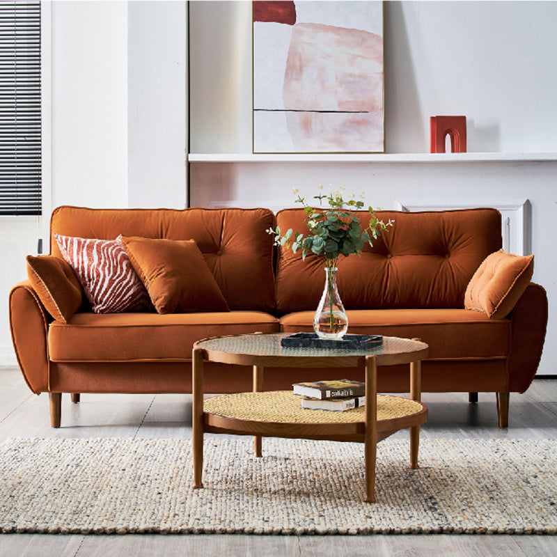 Living Room 2-seater Pillow Top Arm Settee Velvet Couch with Oak Legs Caramel Latex Clearhalo 'furn' 'furn_sofas' 'Furniture' 'furniture_sofas' 'Living Room Furniture' 'Sofa' 'sofas' 4918929