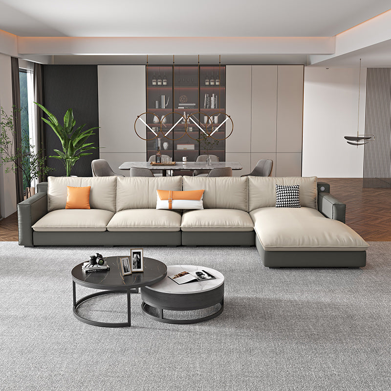 Modern Square Arm Sectionals 33.46"H Pillow Back Sofa and Chaise 138"L x 69"W x 37"H Grey Beige Clearhalo 'furn' 'furn_sectionals' 'Furniture' 'furniture_sectionals' 'Living Room Furniture' 'Sectionals' 4919344