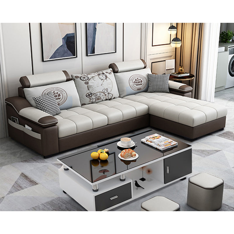 82.5"L Sloped Arm Sectional Cushion Back Sofa with Ottoman Included Coffee Beige Faux Leather Clearhalo 'furn' 'furn_sectionals' 'Furniture' 'furniture_sectionals' 'Living Room Furniture' 'Sectionals' 4934549