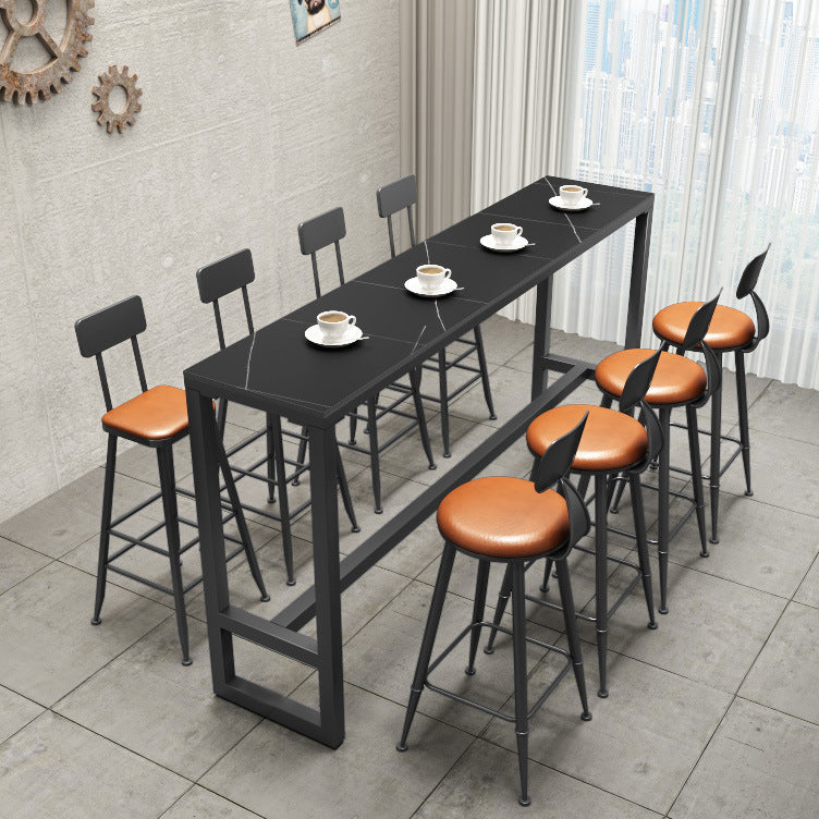 Stone Bar Table Industrial Bar Dining Table with Trestle Base in Black 78.7"L x 15.7"W x 41.3"H Without Chairs Clearhalo 'Bar Furniture' 'Bar Tables' 'bar_tables' 'furn' 'furn_bar_tables' 'Furniture' 'furniture_bar_tables' 'Kitchen & Dining Furniture' 4939450