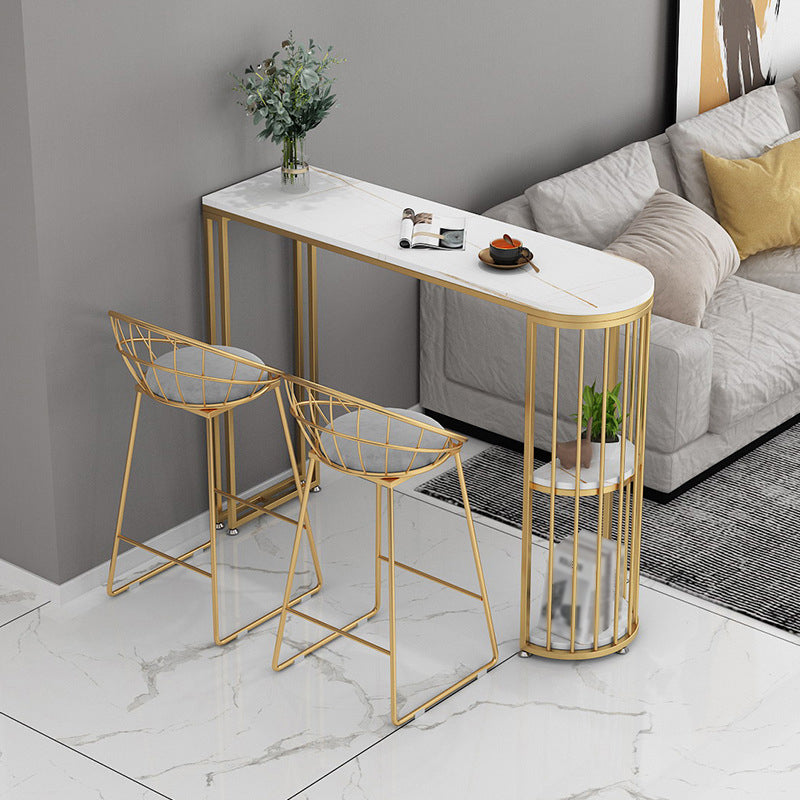 Glam Bar Dining Table Stone Top Iron Indoor Bistro Table with Shelf 86.6"L x 15.7"W x 41.3"H Gold-White Without Chairs Clearhalo 'Bar Furniture' 'Bar Tables' 'bar_tables' 'furn' 'furn_bar_tables' 'Furniture' 'furniture_bar_tables' 'Kitchen & Dining Furniture' 4939467