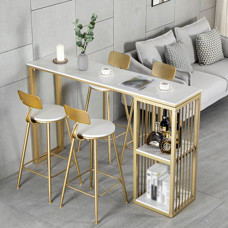 Glam Rectangle Bar Dining Table White Faux Marble Top Iron Indoor Bistro Table with Shelf 86.6"L x 15.7"W x 41.3"H Without Chairs Clearhalo 'Bar Furniture' 'Bar Tables' 'bar_tables' 'furn' 'furn_bar_tables' 'Furniture' 'furniture_bar_tables' 'Kitchen & Dining Furniture' 4939544